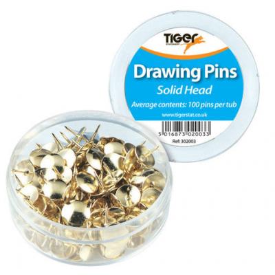 Tiger Stationery Solid Head Brass Drawing Pins 100Pk 302003