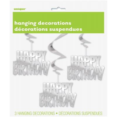 Unique Happy Birthday Hanging Swirls Decorations Silver 32-inch 3Pk 62940