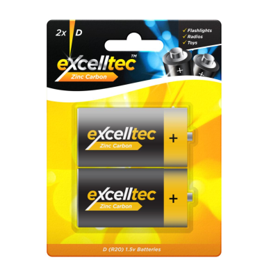 Excelltec Zinc Carbon D Batteries Black and Gold 1.5V 2Pk 316491