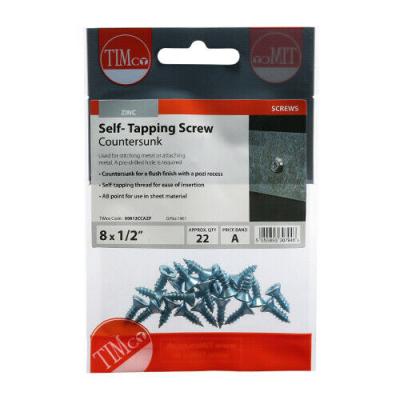 Timco Zinc Plated Cross Recess Countersunk Self Tapping Screws Metallic Silver D 8 x L 0.5-Inch. 22Pk 00812CCAZP
